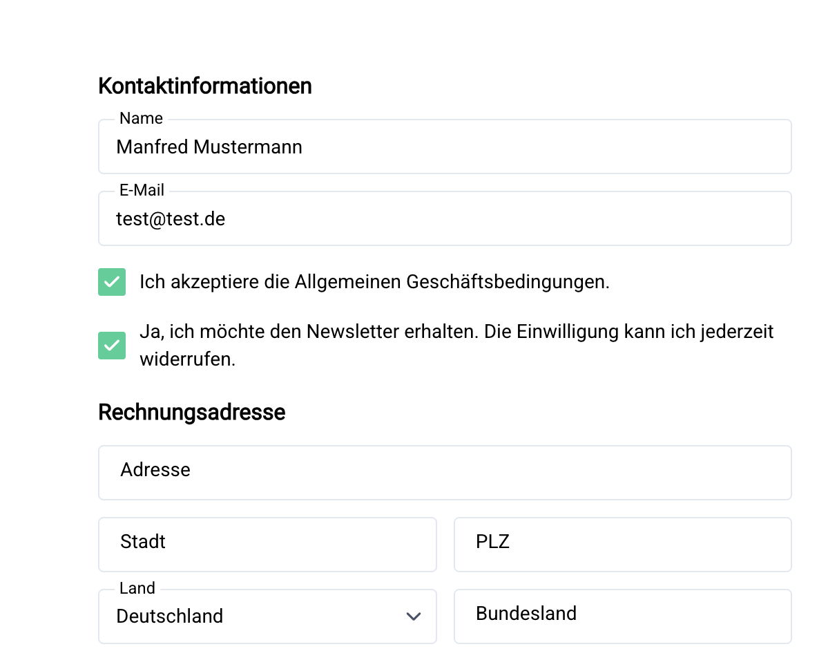Checkout-Formular mit zwei Einwilligungs-Checkboxen – AGB und Newsletter