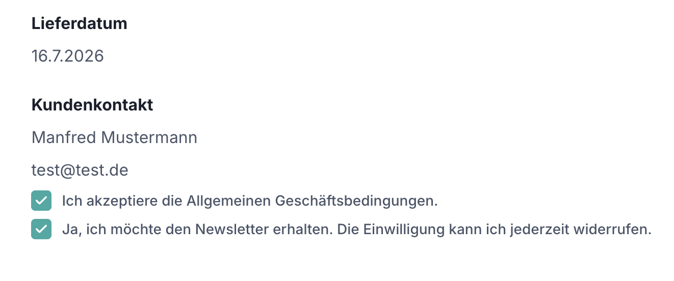 Bestelldetail im Rabbit Checkout Dashboard – gespeicherter Consent-Snapshot mit Einwilligungstext