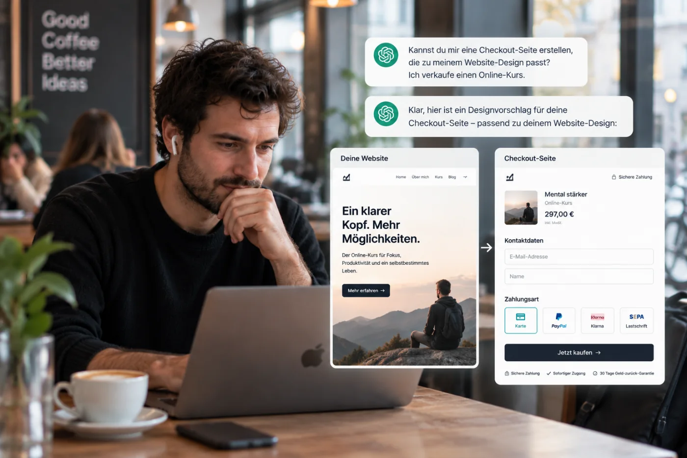 Ein Kursanbieter lässt sich im Chat eine Checkout-Seite im Stil seiner Website entwerfen