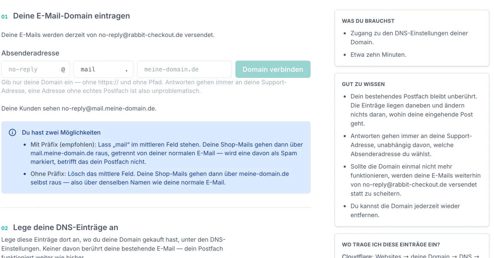 Der Abschnitt „01 Deine E-Mail-Domain eintragen“ in den Shop-Einstellungen. Oben der Satz „Deine E-Mails werden derzeit von no-reply@rabbit-checkout.de versendet.“, darunter die Absenderadresse aus drei Feldern — „no-reply“, „@“, „mail“, „.“, „meine-domain.de“ — und der Schaltfläche „Domain verbinden“. Darunter die Zeile „Deine Kunden sehen no-reply@mail.meine-domain.de.“ und ein blauer Kasten „Du hast zwei Möglichkeiten“ mit den Punkten „Mit Präfix (empfohlen)“ und „Ohne Präfix“. Rechts die Kästen „Was du brauchst“ (Zugang zu den DNS-Einstellungen, etwa zehn Minuten) und „Gut zu wissen“ (bestehendes Postfach bleibt unberührt, Antworten gehen an die Support-Adresse, bei einem Ausfall wird weiter über no-reply@rabbit-checkout.de versendet, die Domain lässt sich jederzeit entfernen).