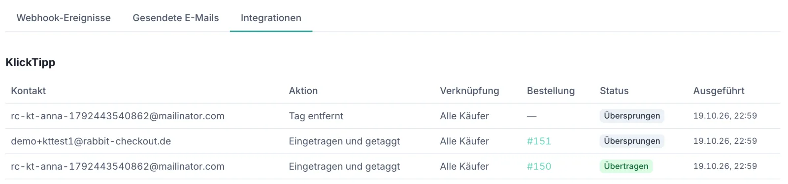 Die Liste der KlickTipp-Übertragungen unter Ereignisse → Integrationen mit Kontakt, Aktion, Verknüpfung, Bestellung, Status und Zeitpunkt
