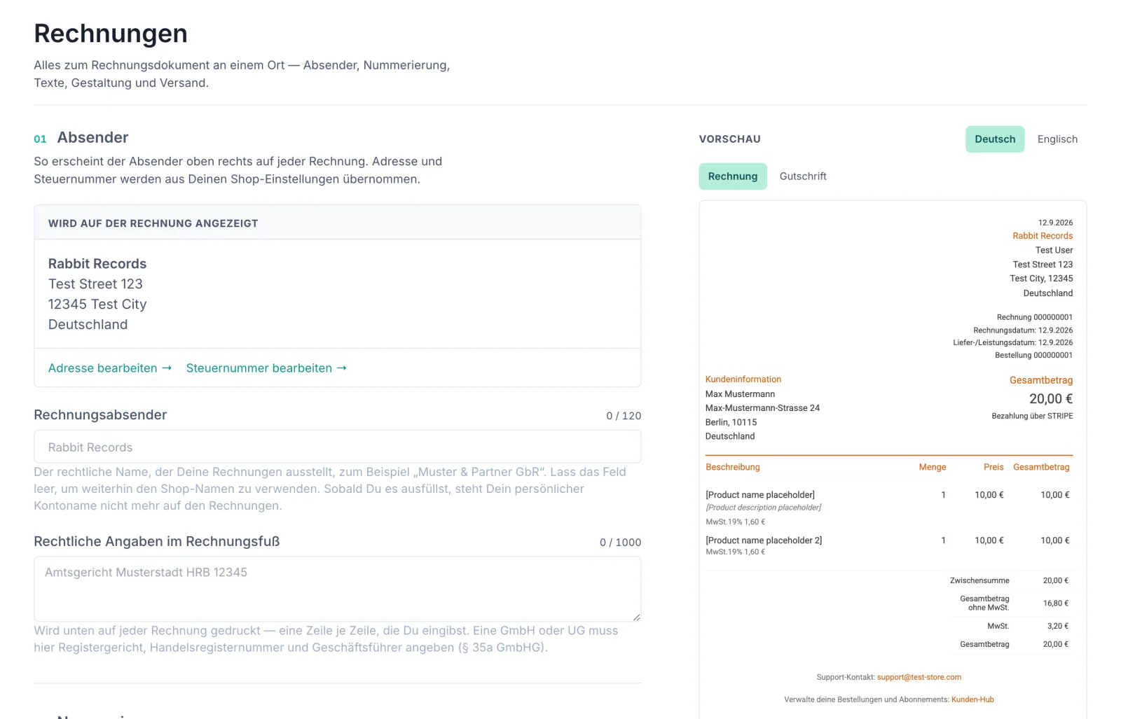 Der Abschnitt „02 Nummerierung" mit der Erklärung, dass Rechnungsnummern fortlaufend vergeben werden und Präfix und Startwert bestimmen, wie die nächste Nummer aussieht. Links das Feld „Rechnungspräfix" mit dem Platzhalter INV- und dem Hinweis „Steht vor jeder Rechnungsnummer.", rechts das Feld „Rechnungs-ID" mit dem Wert 2 und dem Hinweis, dass der Wert größer sein muss als die aktuelle Rechnungs-ID. Darunter ein grün hinterlegter Streifen: „Nächste Rechnung: 000000003" und „Zuletzt vergeben: 000000002".
