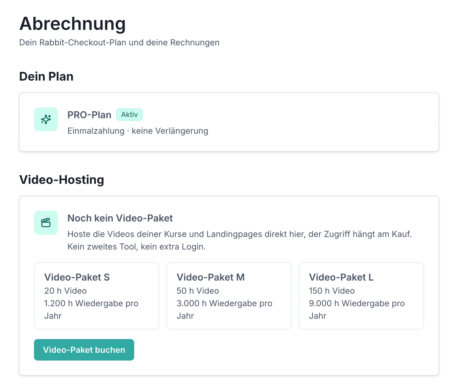 Die Seite „Abrechnung“ ohne Video-Paket: unter „Dein Plan“ der aktive PRO-Plan als Einmalzahlung, darunter der Abschnitt „Video-Hosting“ mit „Noch kein Video-Paket“, einem kurzen Satz zum Hosting, drei Karten für Video-Paket S, M und L mit Stunden Video und Wiedergabe pro Jahr und dem Knopf „Video-Paket buchen“.